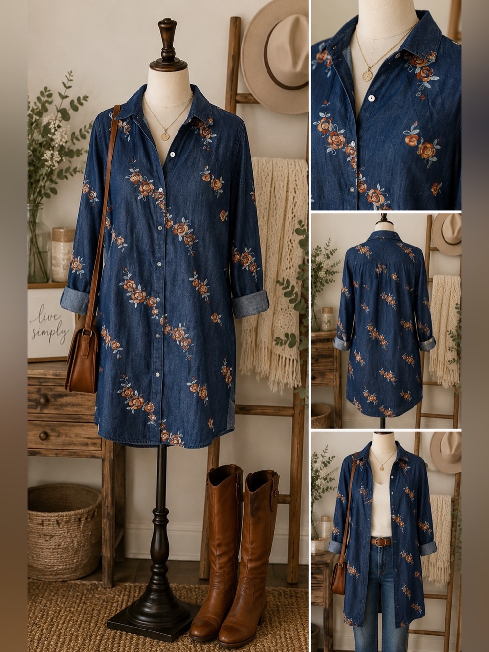 J Gee Floral Embroidered Denim Dress Women’s Small Blue Button Front Long Sleeve